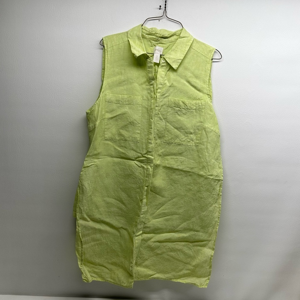 Chico’s Linen Green Button-up Blouse, Sleeveless with Collar Woman Size 2